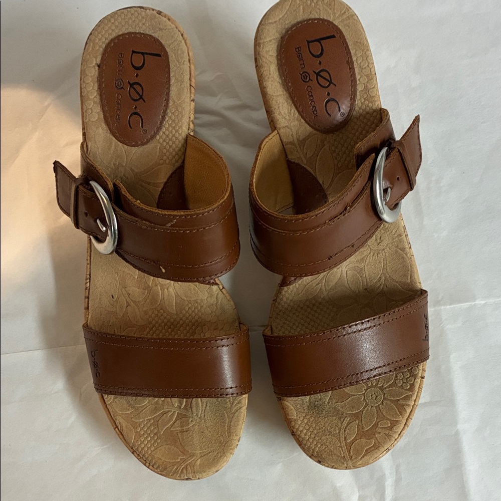 b.o.c. Tan Leather Slide Sandals with Silver Buckle